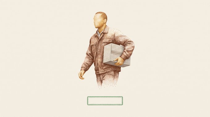 An illustration depicts a man carrying a cardboard box, rendered in a stippled/dotted art style against a cream background.