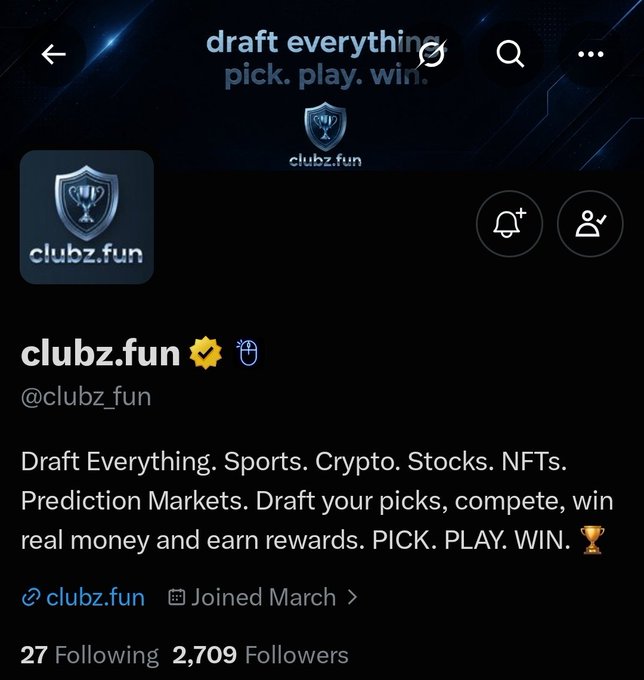 This image shows the profile page for @clubz_fun, a project that allows users to "Draft Everything. Sports. Crypto. Stocks. NFTs. Prediction Markets." The accompanying post highlights its FREE price, 1111 supply, and ETH chain.