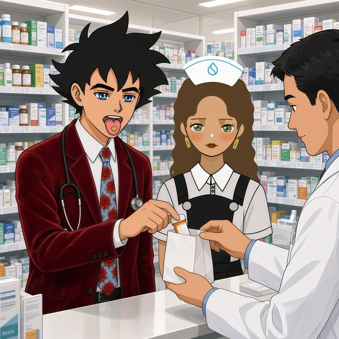 An anime-style illustration depicts three characters at a pharmacy counter: a man in a red suit with a stethoscope holding a pill bottle, a nurse in a white uniform with a nurse cap, and a pharmacist in a white coat handing over a paper bag, with shelves of medication boxes in the background.
