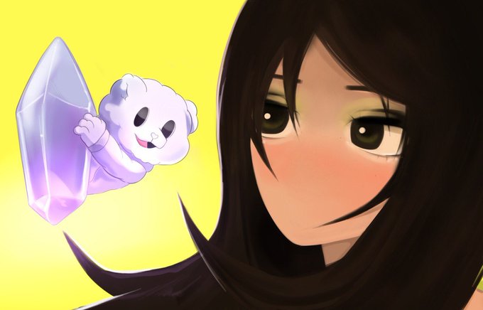 An anime-style illustration showing the face of a dark-haired character alongside a small white panda-like creature holding a large purple crystal against a yellow background.