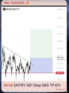 A trading chart from TWC Traders shows $BNBUSDT.P with an entry at 581, stop loss at 565, and take profit at 611, highlighting a potential long setup on BNB. This aligns with the post's emphasis on disciplined, noise-free trading setups with clearly defined entry, stop, and target levels.