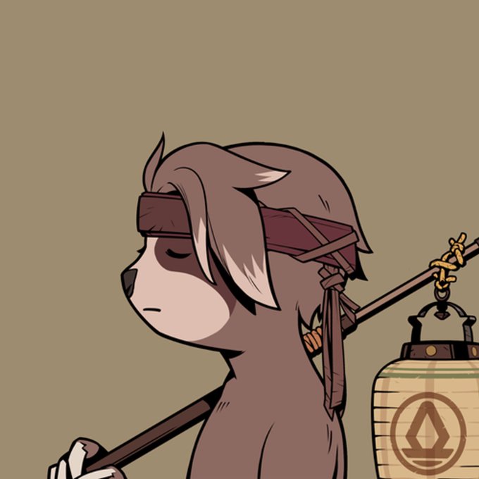 A digital illustration of a brown and white dog character wearing a red headband and carrying a paper lantern on a stick.