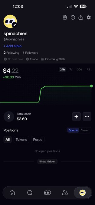 A mobile screenshot of a Robinhood crypto trading account under the username "spinachies" (@spinachies) showing a total balance of $4.22 (up $0.03 in 24h) with $3.69 available in cash and no open positions, illustrating the user's confusion about why only $3.69 of their $4.22 total balance is available for withdrawal to an external wallet.

The accompanying post highlights the user's frustration: their full $4.22 balance appears on screen, but attempting to transfer it to another crypto wallet only allows $3.69 to be moved, leaving them puzzled about where the remaining $0.53 went.