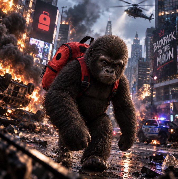 A CGI gorilla wearing a red backpack walks through a burning, chaotic city street with a flipped car, police cruiser, and helicopter in the background.