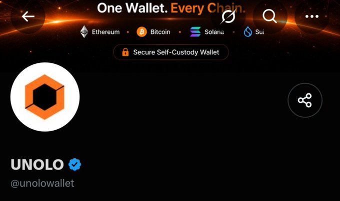 A mobile wallet app interface advertises 'One Wallet. Every Chain.' with logos for Ethereum, Bitcoin, Solana, and Sui, showing a profile for the verified account 'UNOLO' (@unolowallet).