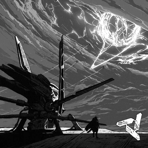 A lone, cloaked figure stands before a massive, bladed structure under a turbulent sky crackling with an otherworldly ring of light, evoking the "Templars of the Storm" theme; the monochromatic, ink-like aesthetic enhances the dramatic atmosphere befitting a striking piece of digital art.