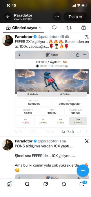 A Twitter post from 'Parador @parador' on mobile showing a tweet about 'FEFER 2X' with rocket emojis and an image of a WuguSDT token page displaying a price of $0.01055.