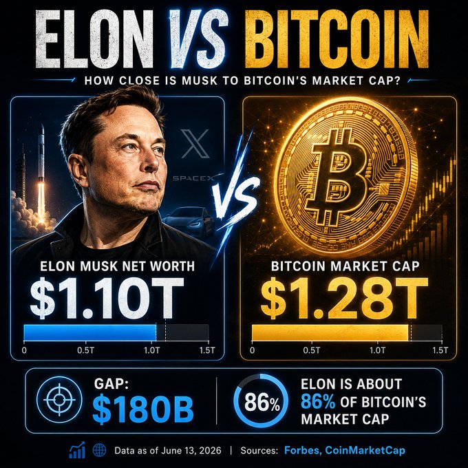 The post features a graphic that depicts two figures side by side, one of which represents the CEO of Tesla, Elon Musk, and the other Bitcoin. The comparison they are making is based on the worth or value of Bitcoin relative to the value of Tesla's net worth, with Tesla having a value of $1.10 Trillion and Bitcoin being valued at $1.28 Trillion.