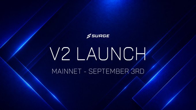 A promotional graphic for Surge with a dark blue geometric background featuring the Surge logo and text reading "V2 LAUNCH" and "MAINNET - SEPTEMBER 3RD," announcing the project's public mainnet launch date for its non-custodial Cardano trading platform.