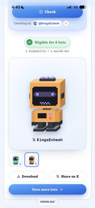 The image shows a mobile screen from conso.xyz confirming the user @KingsEcheeh is "Eligible for 2 bots" (1 eligibility + 1 earned), displaying a 3D robot character as their allotment. This visualizes the post's question about whether the 2-bot allocation is overallocated or pre-calculated by the team.