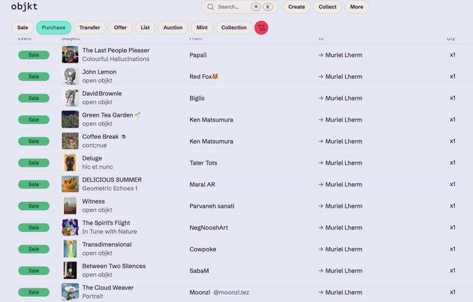 A screenshot of the objkt NFT marketplace showing a list of digital artworks for sale, all sent to 'Muriel Lherm', with pieces titled 'The Last People Pleaser', 'John Lemon', 'Green Tea Garden', 'DELICIOUS SUMMER', and others.