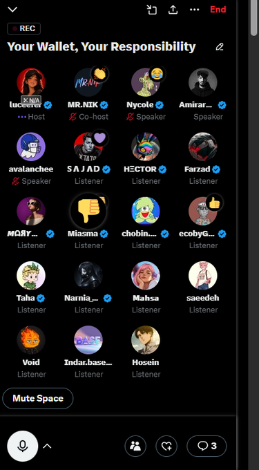 A screenshot from a Twitter Space titled "Your Wallet, Your Responsibility" hosted by "lucero_eth" with 23 participants, including co-host "MR.NIK" and speakers like "avalanchee," "SAJAD," "Amirar," and "Mycole." The image captures the live discussion mentioned in the recap, where users like "Narnia," "Mahsa," and "Taha" listened to the conversation about wallet security, hacks, and scams.