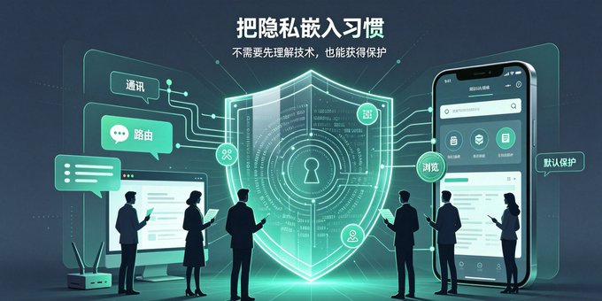 A digital illustration shows silhouetted figures surrounded by glowing teal holograms representing communication, routing, and browsing features, with a large central shield and a smartphone displaying privacy controls on the right. Chinese text at the top reads "把隐私嵌入习惯" (Embed privacy into habits) with a subtitle "不需要先理解技术，也能获得保护" (No need to understand the technology first to be protected), and a label on the right says "默认保护" (Default protection). The visual reinforces the post's theme about making privacy tools like Beldex accessible by default rather than requiring technical expertise from users who need protection.