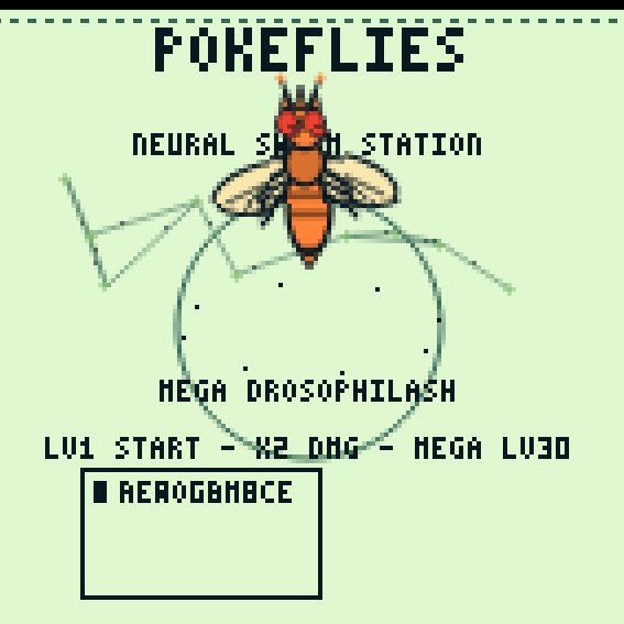 Pixel art retro game-style graphic titled "POKEFLIES" featuring a fly, with text "NEURAL SEARCH STATION", "MEGA DROSOPHILASH", and a level progression bar "LV1 START - #2 ORG - MEGA LV30" above a "READYBAHCE" menu.