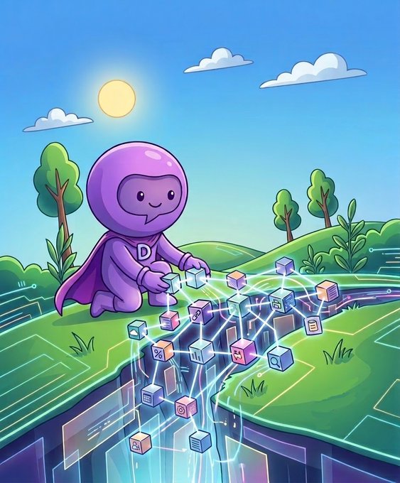A cartoon illustration of a purple character with a 'D' on its chest playing with glowing, interconnected digital cubes in a green, tech-themed landscape under a bright sun.