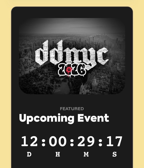 A countdown timer for the upcoming "DDNYC 2026" event, featuring a black-and-white cityscape backdrop with bold gothic lettering and a red hashtag logo, displays 12 days, 0 hours, 29 minutes, and 17 seconds remaining, reinforcing the post's urgent message that attendees must not miss this crypto event of the year.