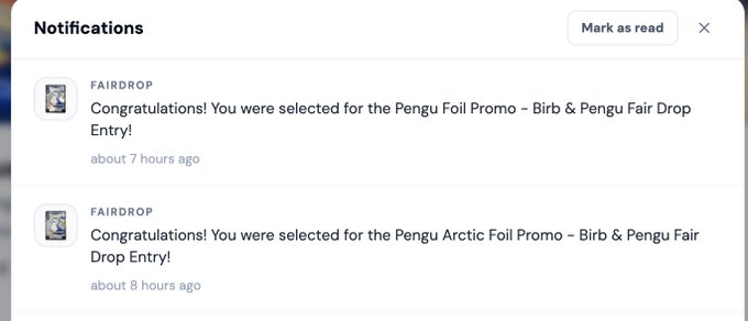 A notifications panel shows two "FAIRDROP" messages from about 7-8 hours ago, congratulating the user on being selected for the "Pengu Foil Promo" and "Pengu Arctic Foil Promo" Birb & Pengu Fair Drop Entries, aligning with the post's announcement of a double Vibes TCG promo day on Dyli.