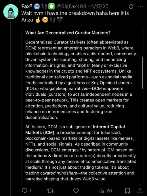 A tweet by @BigFax404 containing text explaining "What Are Decentralized Curator Markets?" and its relation to Internet Capital Markets.