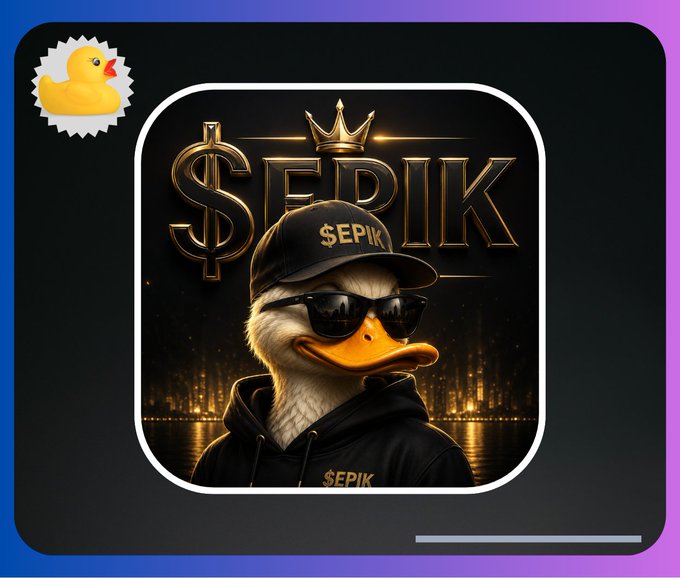 A stylized duck mascot wearing sunglasses and a black cap reading "$EPIK" stands in front of a golden "$EPIK" logo with a crown, set against a dark city skyline background.