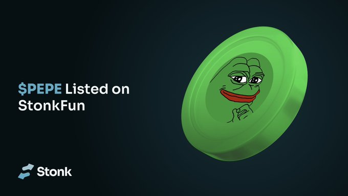 A promotional graphic featuring the text "$PEPE Listed on StonkFun" alongside the Stonk logo, paired with a large 3D green coin displaying the iconic Pepe the Frog face, visually announcing the listing of the $PEPE token on the StonkFun platform.