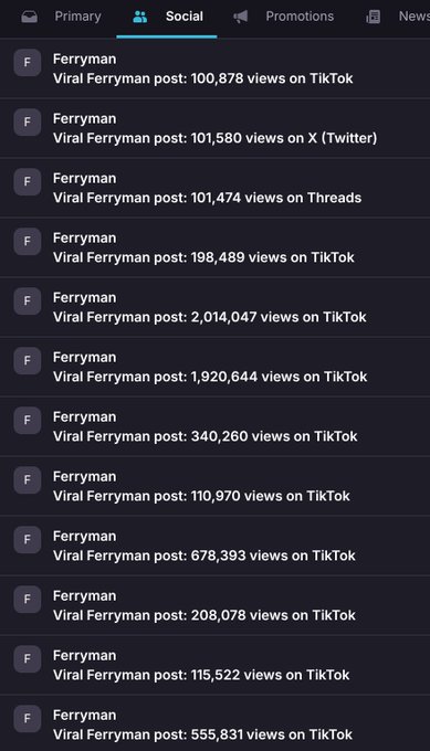 A social media notifications panel under the 'Social' tab shows multiple alerts for a user named 'Ferryman', highlighting viral posts with view counts ranging from 100,878 to over 2 million views across TikTok, X (Twitter), and Threads.