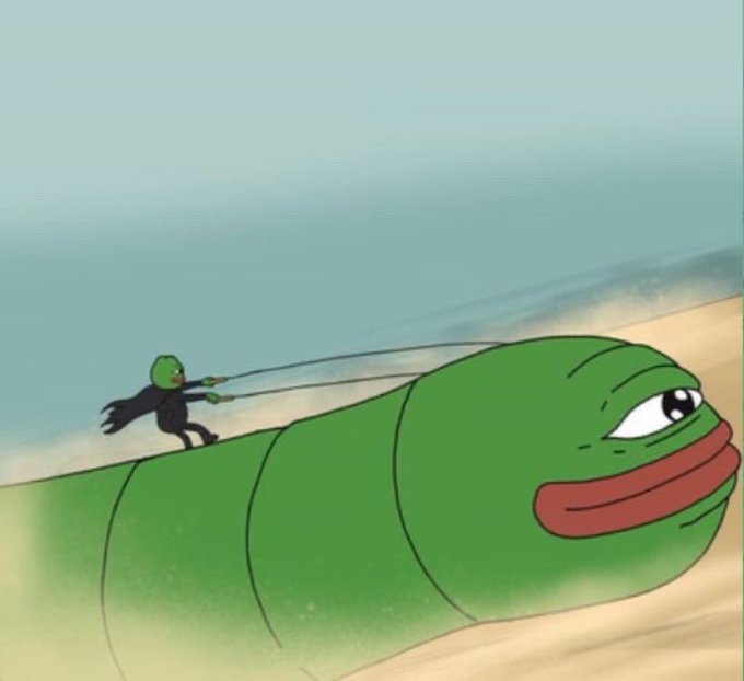 A cartoon image showing a tiny figure wearing a Pepe the Frog mask pulling a giant, giant-headed version of the same frog character across the sand.