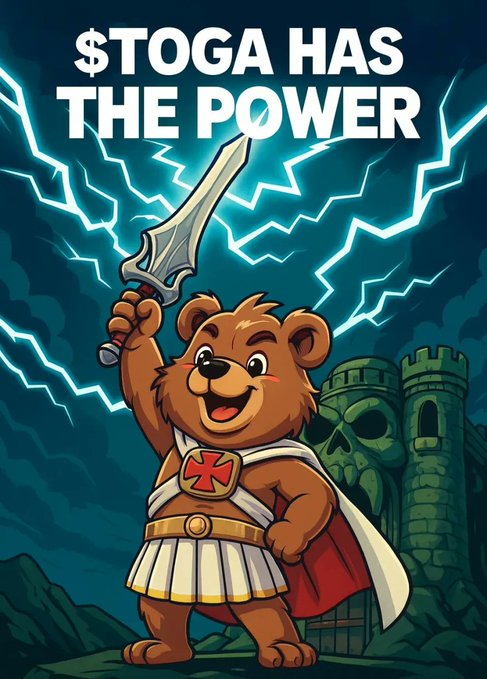 A cartoon bear dressed as a Spartan warrior holds up a sword with the text '$TOGA HAS THE POWER' displayed against a stormy sky with lightning and a castle in the background.