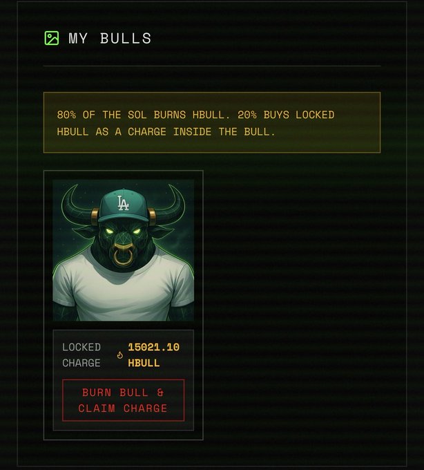 A digital NFT interface titled 'MY BULLS' showing a character wearing an LA Dodgers cap with bull horns, locked at 15021.10 with the option to 'BURN BULL & CLAIM CHARGE'.