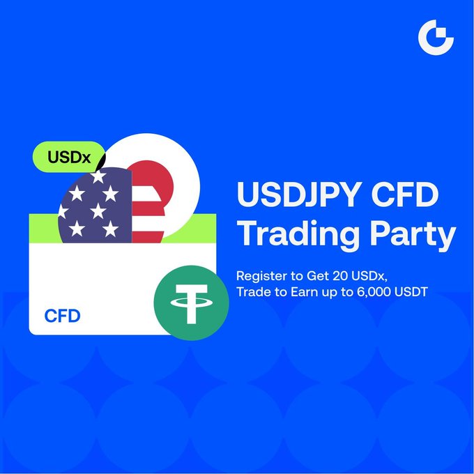 The image is a promotional graphic for a "USDJPY CFD Trading Party" offering 20 USDx for registration and up to 6,000 USDT in trading rewards, featuring stylized illustrations of the U.S. flag and Japanese flag along with USDx and Tether (USDT) logos on a blue background.
