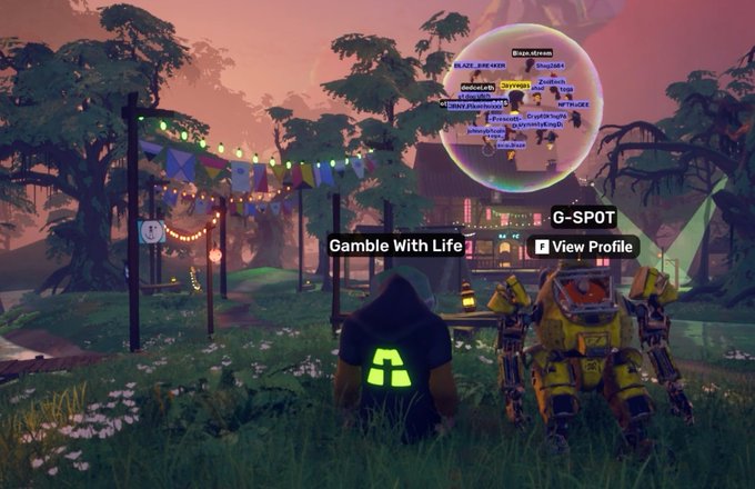 Video game screenshot showing two characters from behind in a field with a festival area in the distance, featuring player name labels 'Gamble With Life' and 'G-SPOT [View Profile]'.
