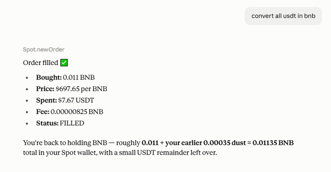 A cryptocurrency order confirmation screen showing a spot newOrder was filled, where 7.67 USDT was spent to buy 0.011 BNB at $697.65 per BNB, with a note that the total holding is roughly 0.01135 BNB.