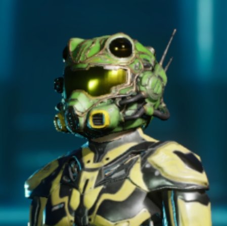 Close-up of a futuristic robotic figure wearing a green helmet with antennas and a yellow and black suit.