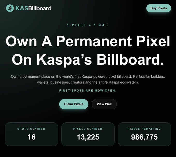 KASillboard webpage offering permanent pixel ownership on Kaspa's billboard at 1 pixel = 1 KAS, showing 16 spots claimed, 13,225 pixels claimed, and 986,775 pixels remaining.