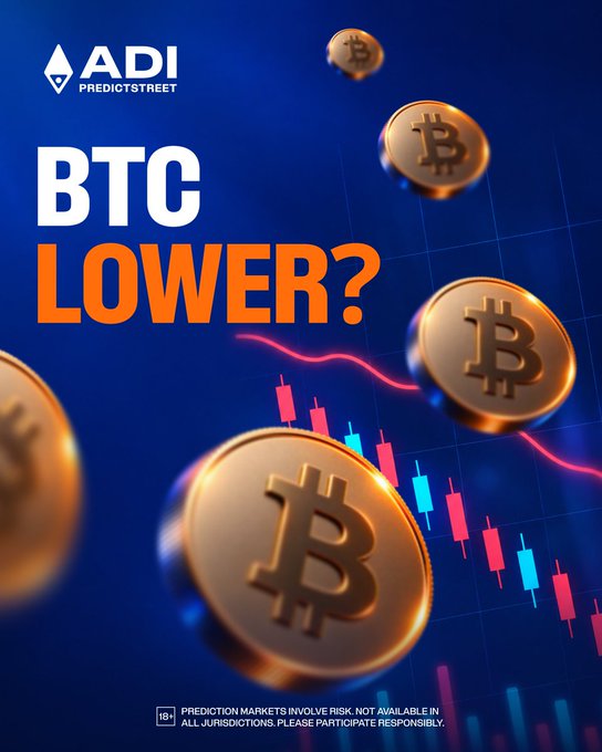 A promotional graphic by 'ADI PREDICTSTREET' featuring floating Bitcoin coins and a candlestick chart, asking 'BTC LOWER?' with a disclaimer about prediction market risks.