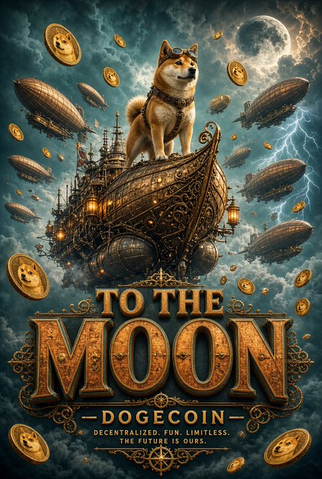A fantasy-style poster showing a Shiba Inu dog wearing goggles standing on a steampunk airship, with the text 'TO THE MOON - DOGECOIN - DECENTRALIZED. FUN. LIMITLESS. THE FUTURE IS OURS.'