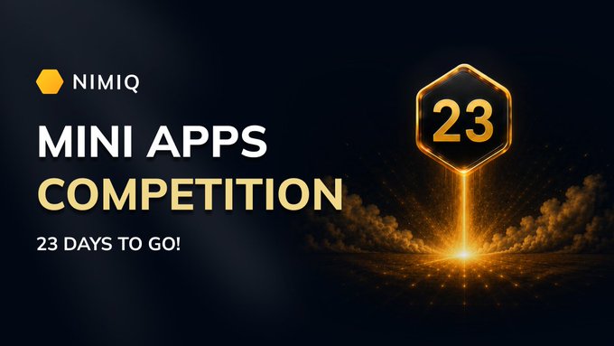 The image features a promotional banner showcasing an event or competition named "mini apps competition" with 23 days remaining until the winner will be announced. The details of this competition are described, and the winner's name has been provided at the bottom of the image in black text. The main feature is a large hexagon-shaped logo with gold accents positioned on the left side of the banner, drawing attention to the event. This image aligns well with the post about the mini apps competition as it effectively conveys its purpose and the exciting opportunities presented for app developers or enthusiasts participating in this contest.
