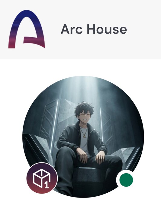 A profile for "Arc House" features an anime-style illustration of a dark-haired young man sitting on a throne-like chair in a dark, atmospheric setting, with a "1" badge icon at the bottom.