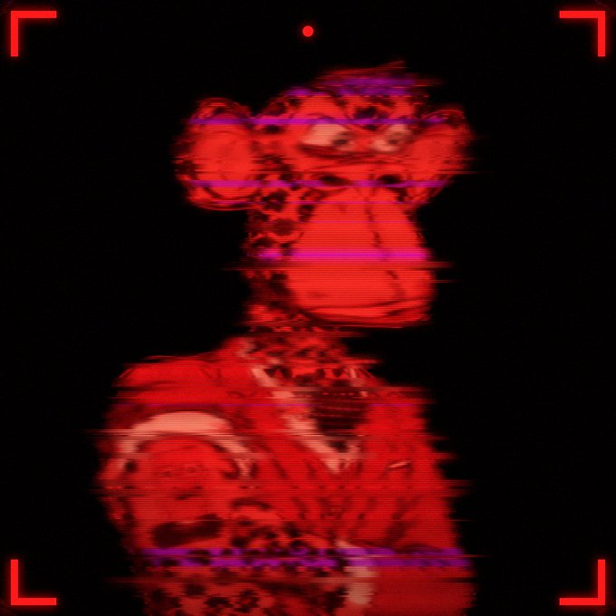 A glitch-art style image showing a distorted red silhouette of Freddy Fazbear from Five Nights at Freddy's against a black background with red targeting brackets.