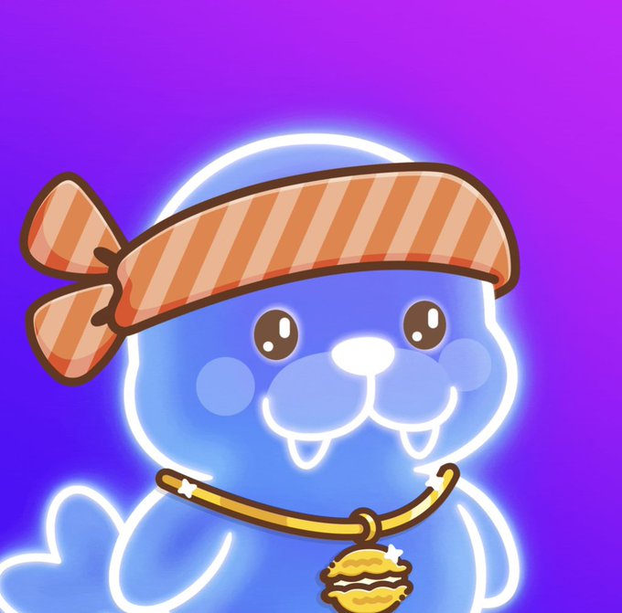 A cartoon illustration of a blue seal-like character wearing an orange striped bandana and a gold coin necklace against a purple background.