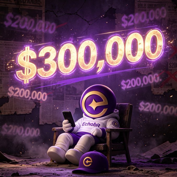 Digital artwork showing a mascot character in a hoodie labeled 'Echobit' sitting in a chair holding a phone, surrounded by glowing '$300,000' text and multiple '$200,000' amounts in purple lighting.