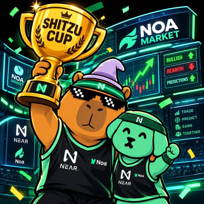 A colorful NOA MARKET promotional illustration shows a bear and a green mascot in black-and-green jerseys, with the bear holding a golden “SHITZU CUP” trophy; signs read “NOA MARKET,” “BULLISH,” “BEARISH,” and “PREDICTIONS.”