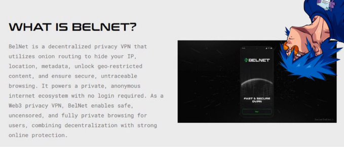 The image is an informational graphic titled "WHAT IS BELNET?" that describes it as a decentralized privacy VPN using onion routing to hide IP, location, and metadata, enabling secure, untraceable browsing within the Beldex ecosystem. It features the BelNet logo and a smartphone displaying "FAST & SECURE VPN," supporting the post's introduction of BelNet and its features like Split Tunneling.