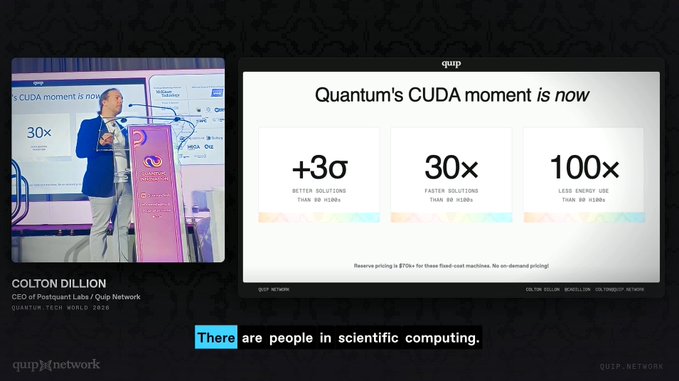 Presentation slide from Quip Network's Quantum Tech World 2020 featuring CEO Colton Dillion, highlighting statistics '+3σ Better Solutions', '30x Faster Solutions', and '100x Less Energy Use' under the headline 'Quantum's CUDA moment is now'.
