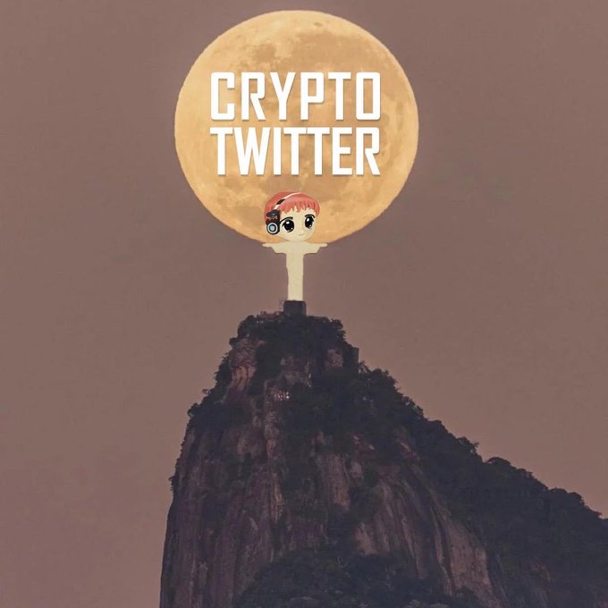 A small cartoon character with pink hair stands atop a mountain, reaching up to a giant full moon displaying the text "CRYPTO TWITTER." The whimsical scene pairs with the morning greeting to evoke a hopeful, community-focused vibe for the crypto Twitter audience.