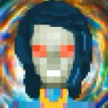 A pixel art portrait of a figure with dark hair and glowing red eyes against a vibrant, multicolored background.