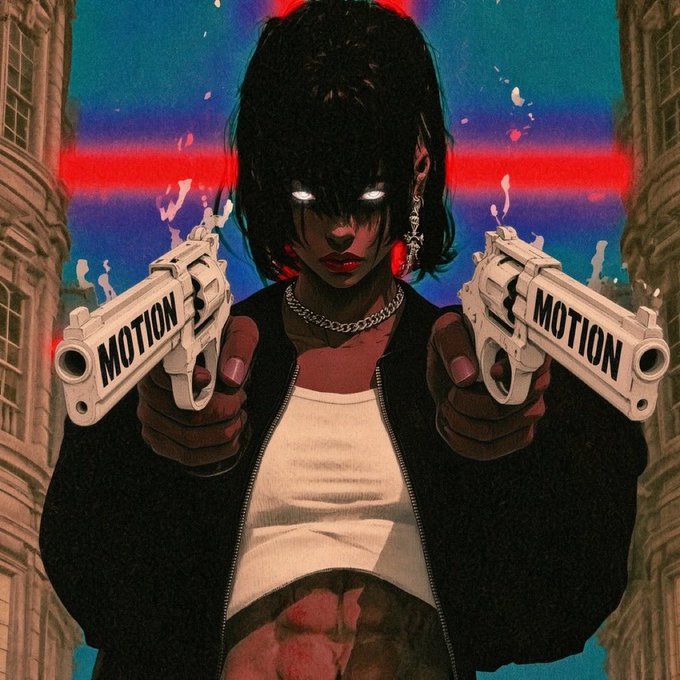 A stylized digital artwork of a woman with glowing white eyes holding two handguns with the word 'MOTION' written on them, set against a red and blue background.