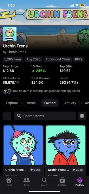 A mobile app screenshot displaying the 'Urchin Frens' NFT collection on Robinhood Chain, showing a floor price of $12.88, 6,265 items, with cartoon urchin character artwork visible.