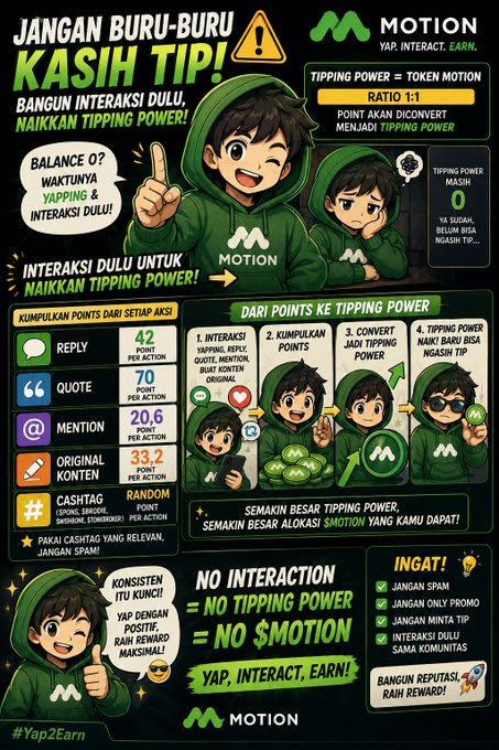 An infographic for the "MOTION" platform explains how users can earn tokens by building interaction and "TIPPING POWER," showing a conversion ratio of 1:1 and detailing point values for actions like replies (42), quotes (70), mentions (20.6), original content (33.2), and hashtags, with the slogan "YAP, INTERACT, EARN!"