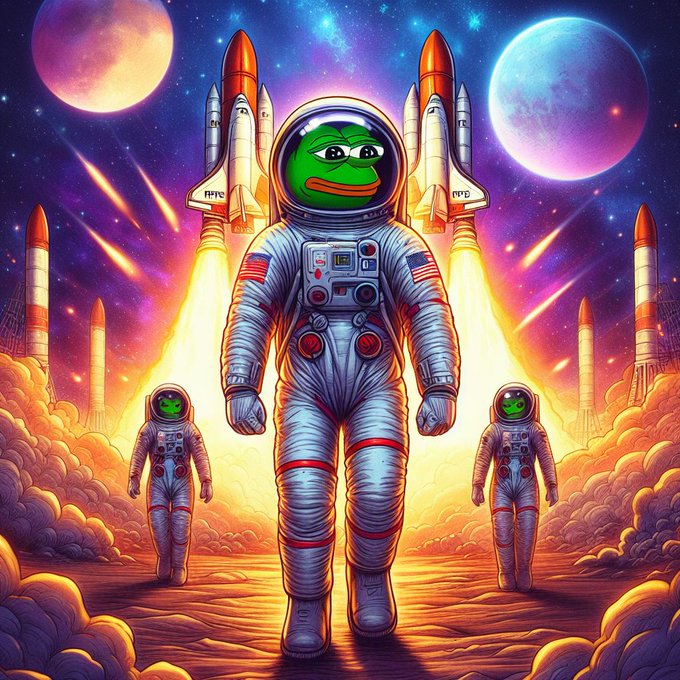 A digital illustration shows three frogs in space suits with rocket boosters attached, set against a vibrant cosmic background with planets and stars.