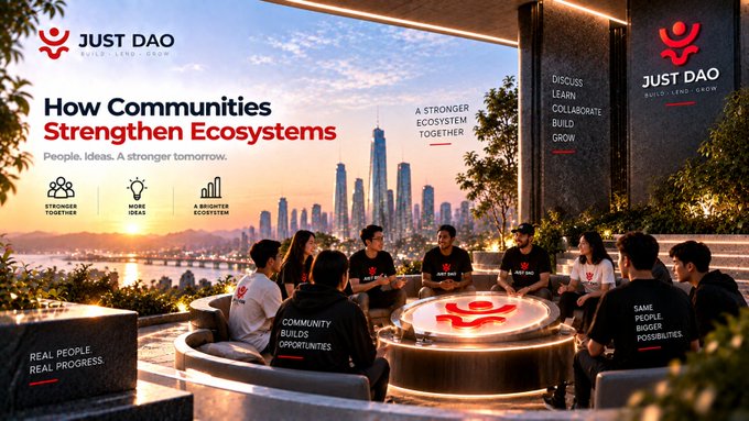 A promotional graphic for 'JUST DAO' titled 'How Communities Strengthen Ecosystems' showing a diverse group gathered around a circular logo with a city skyline backdrop.